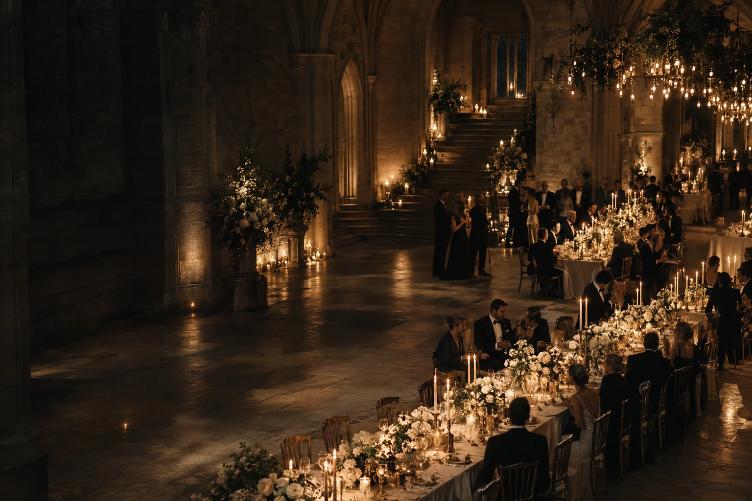 AI-generated concept of a candlelit gala in a grand stone hall